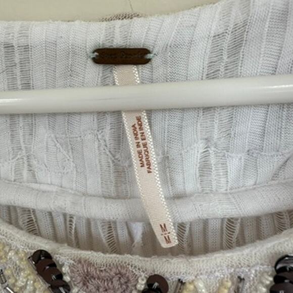 Free People Star Gazer White Gauze Top Beaded Sequin Boho Kimono Sleeve XS Small - Picture 8 of 11